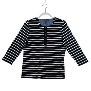Lauren Jeans Breton Stripe Henley Shirt 3/4 Sleeve Top Preppy Black White L READ